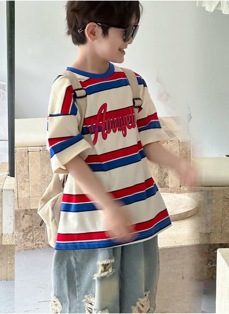 Al Aoyama Summer Boys Outfits Boys Short Sleeve Cotton Striped Tshirt + Denim Jean Shorts Set  - Image 3