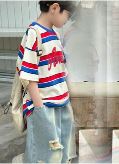 Al Aoyama Summer Boys Outfits Boys Short Sleeve Cotton Striped Tshirt + Denim Jean Shorts Set  - Image 4