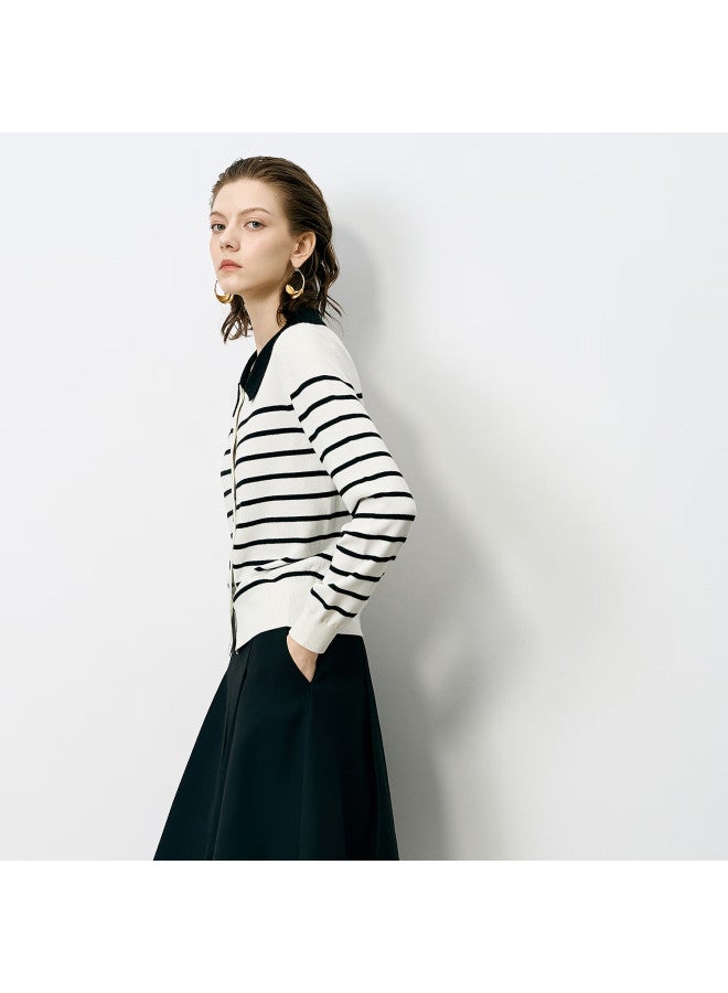 Yanyee Women's Turn-down Collar Long Sleeve Striped Sweater Autumn Slim Fit Casual Knit Top Black And White Stripes Size S - Image 1