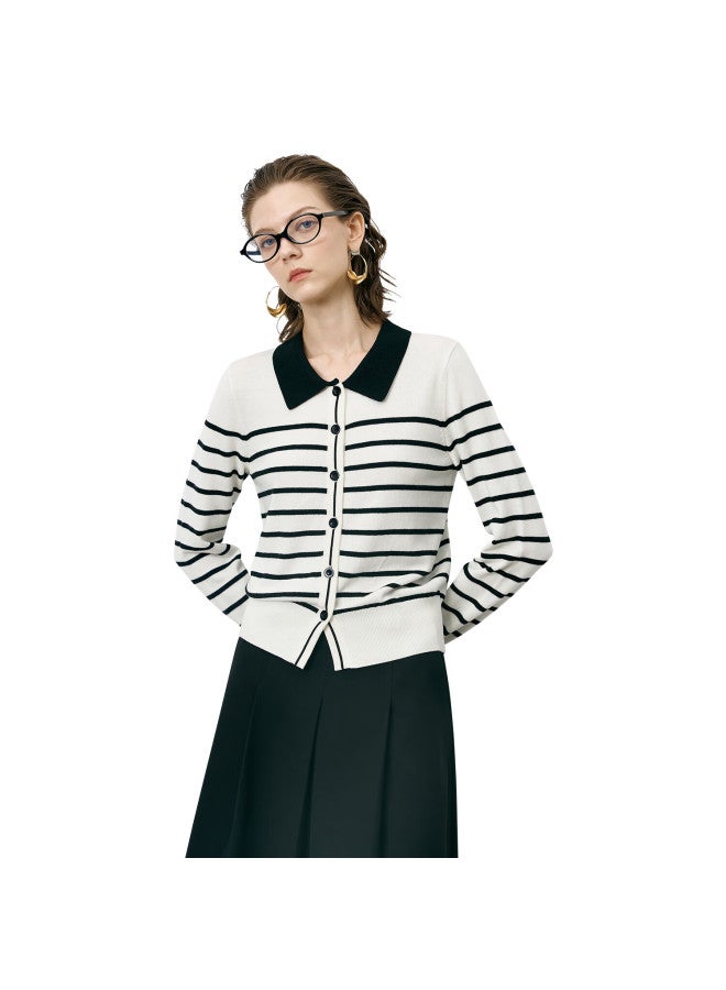 Yanyee Women's Turn-down Collar Long Sleeve Striped Sweater Autumn Slim Fit Casual Knit Top Black And White Stripes Size S - Image 3