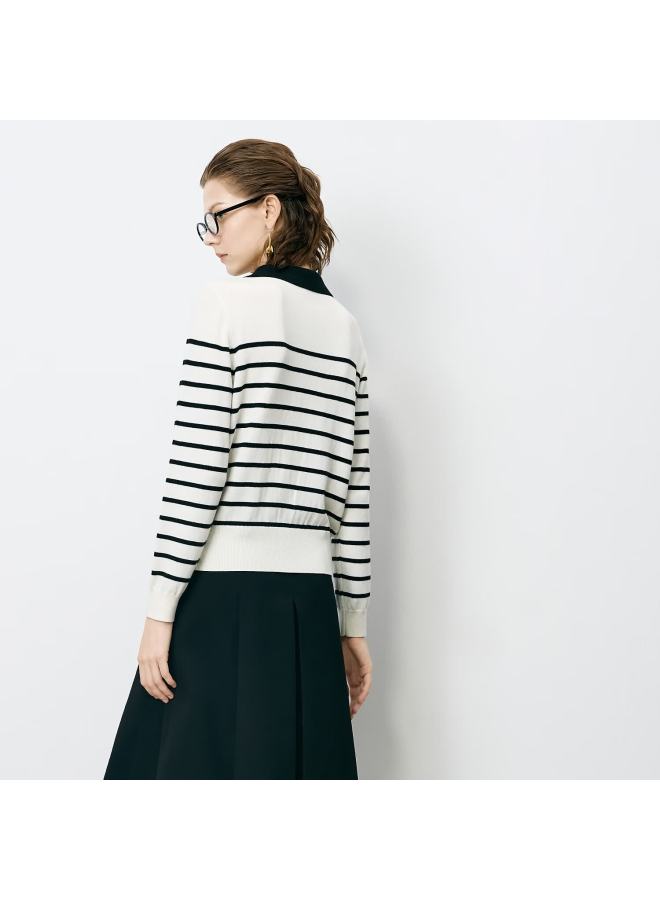 Yanyee Women's Turn-down Collar Long Sleeve Striped Sweater Autumn Slim Fit Casual Knit Top Black And White Stripes Size S - Image 2