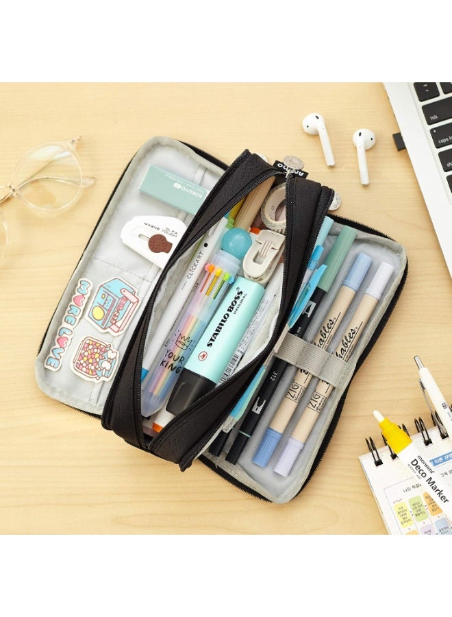 ANGOO Large Capacity Pencil Case Three Compartment Pencil Case Suitable for School Teenagers Girls,Boys and Women's Stationery Bag Convenient Storage Bag Outdoor Travel Storage Bag,Black - Image 3