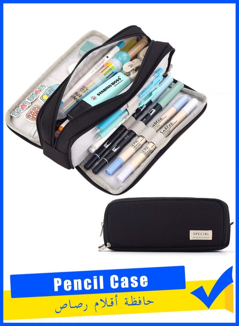 ANGOO Large Capacity Pencil Case Three Compartment Pencil Case Suitable for School Teenagers Girls,Boys and Women's Stationery Bag Convenient Storage Bag Outdoor Travel Storage Bag,Black - Image 1