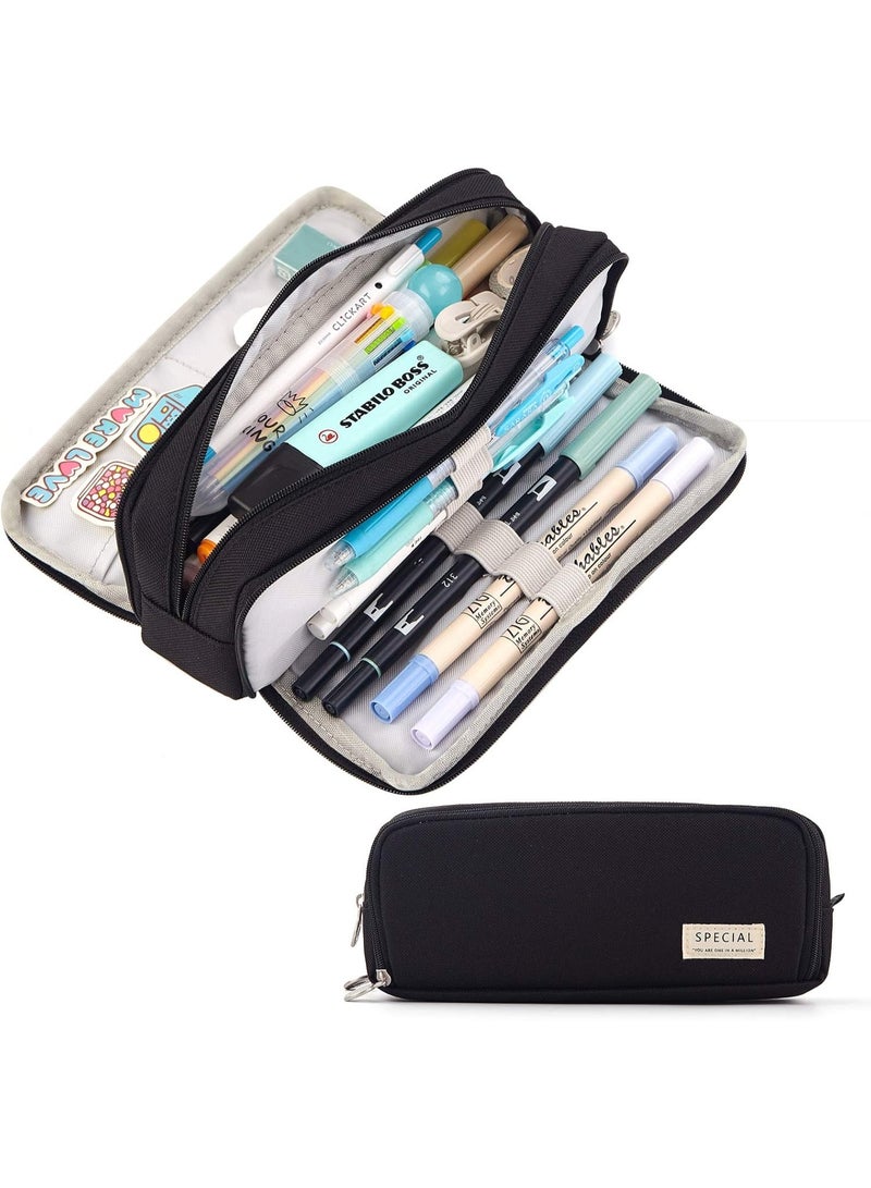 ANGOO Large Capacity Pencil Case Three Compartment Pencil Case Suitable for School Teenagers Girls,Boys and Women's Stationery Bag Convenient Storage Bag Outdoor Travel Storage Bag,Black - Image 2