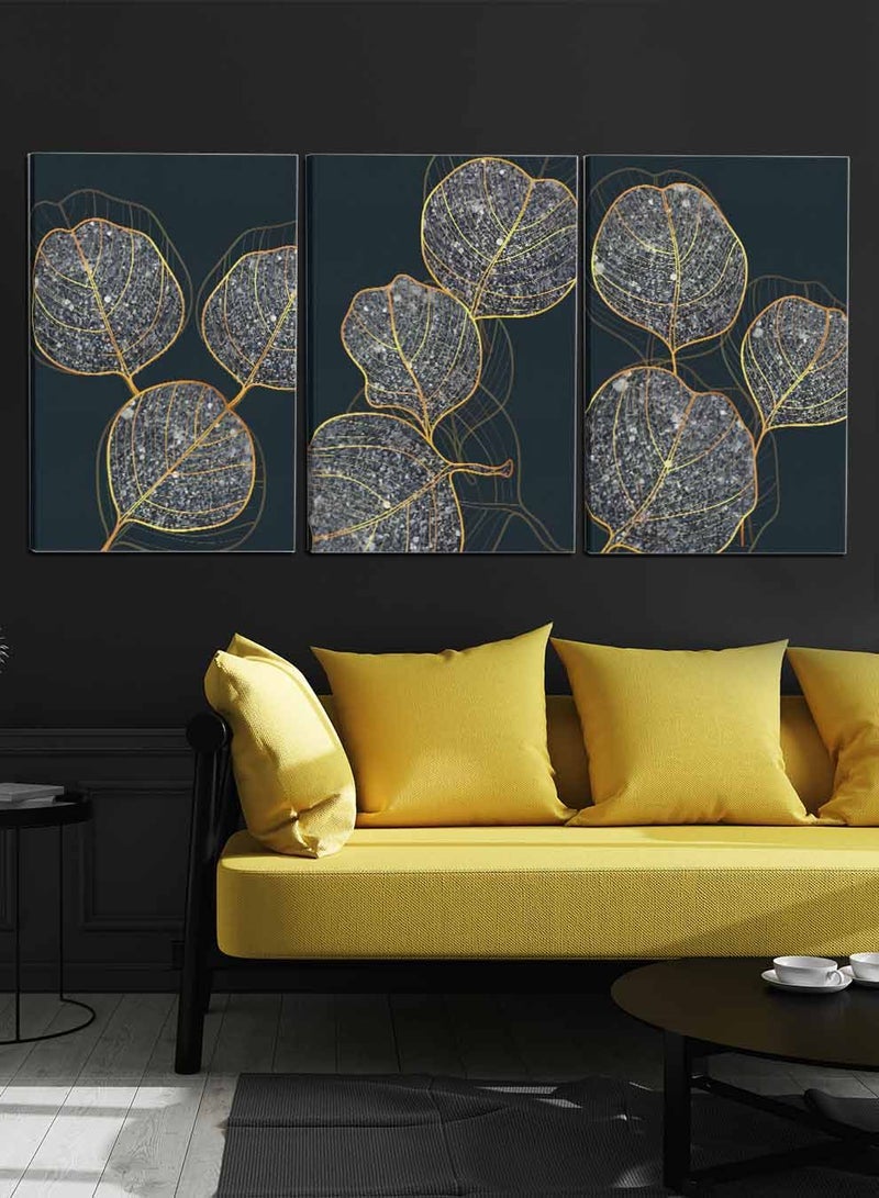 لوحة طقم من ٣ لوحات كانفاس على إطار خشبي، تصميم أوراق نباتية لامعة، للمنزل، غرفة المعيشة، المكتب، الديكور - Image 1