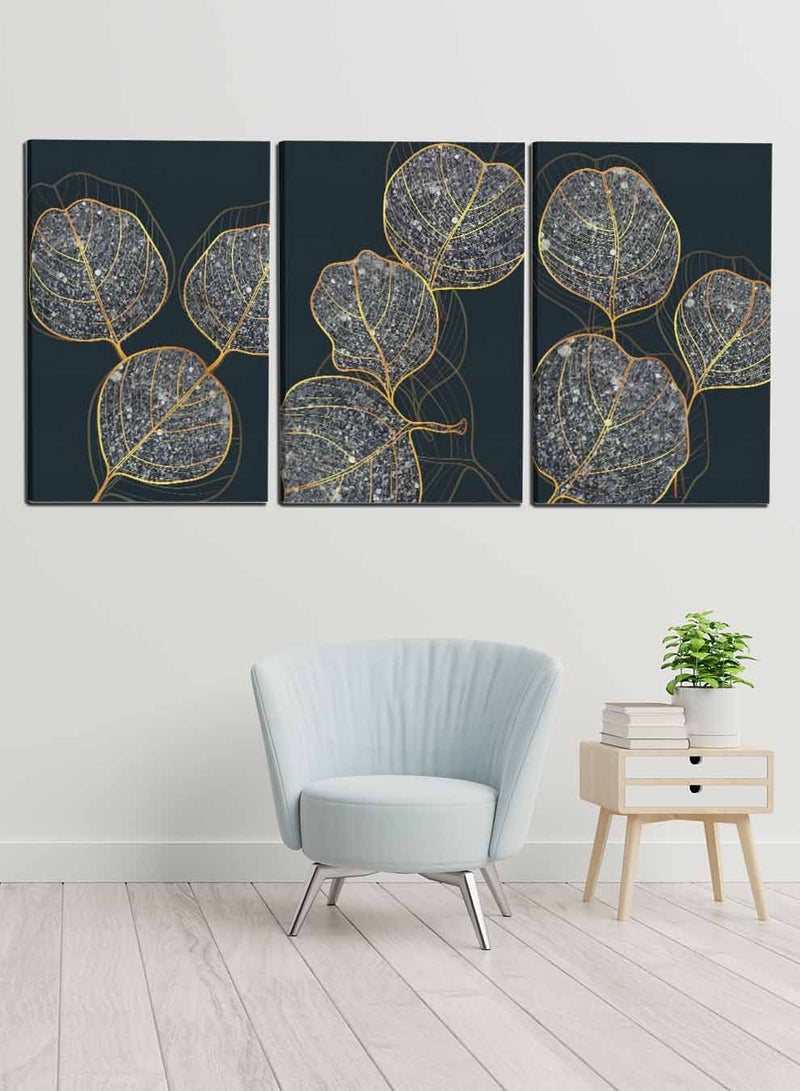 لوحة طقم من ٣ لوحات كانفاس على إطار خشبي، تصميم أوراق نباتية لامعة، للمنزل، غرفة المعيشة، المكتب، الديكور - Image 3