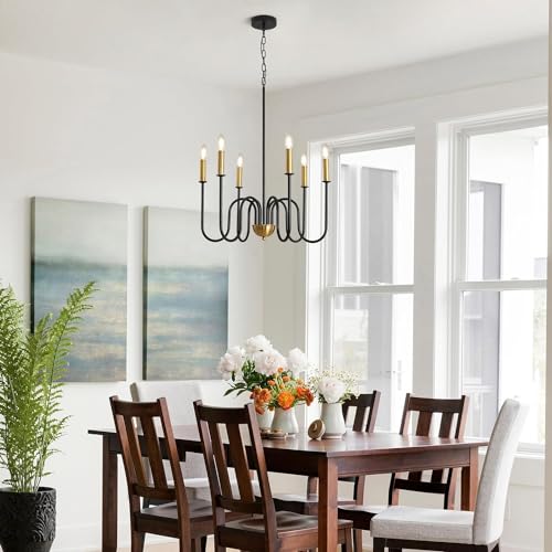 WOKE Modern Adjustable Height Chandelier Light Fixture, Black Gold, 6 Candle Style Lights, Suitable for Bedroom, Living Room, Dining Room or Hallway (Bulb not Included) - Image 2