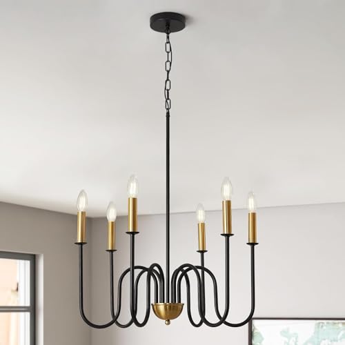 WOKE Modern Adjustable Height Chandelier Light Fixture, Black Gold, 6 Candle Style Lights, Suitable for Bedroom, Living Room, Dining Room or Hallway (Bulb not Included) - Image 1
