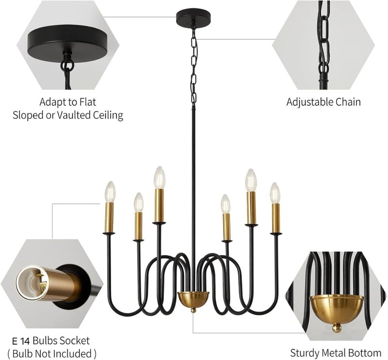 WOKE Modern Adjustable Height Chandelier Light Fixture, Black Gold, 6 Candle Style Lights, Suitable for Bedroom, Living Room, Dining Room or Hallway (Bulb not Included) - Image 5
