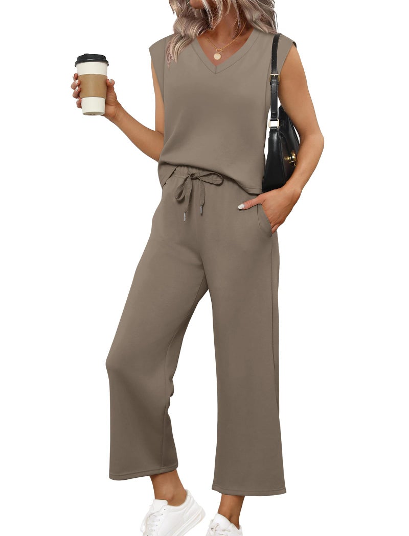 Sampeel Two Piece Sets for Women Summer CrusieTravel Airport Outfits Trending Soft Lounge Sets Going Out Top Sweatsuits Brown M - Image 1