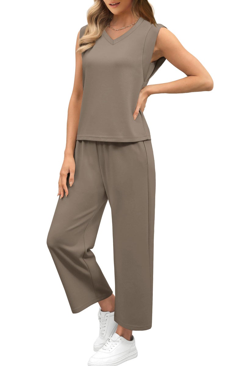 Sampeel Two Piece Sets for Women Summer CrusieTravel Airport Outfits Trending Soft Lounge Sets Going Out Top Sweatsuits Brown M - Image 3