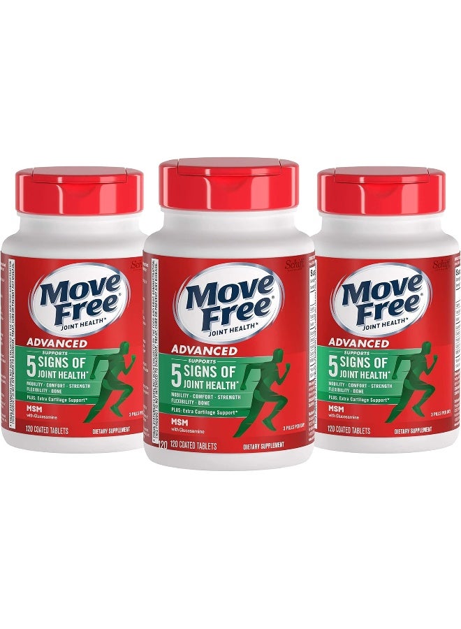 Move Free مكمل دعم المفاصل المتقدم جلوكوزامين كوندروايتين MSM، يدعم الحركة والراحة والقوة والمرونة والعظام - 3X120 زجاجة (120 حصة) - Image 1