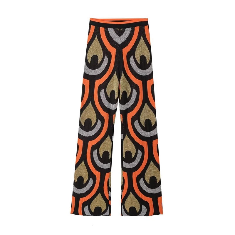 Cross-border European and American Womens AliExpress Explosions Jacquard Knitted High Fork dress Knitted Pants suit Pants  - Image 1