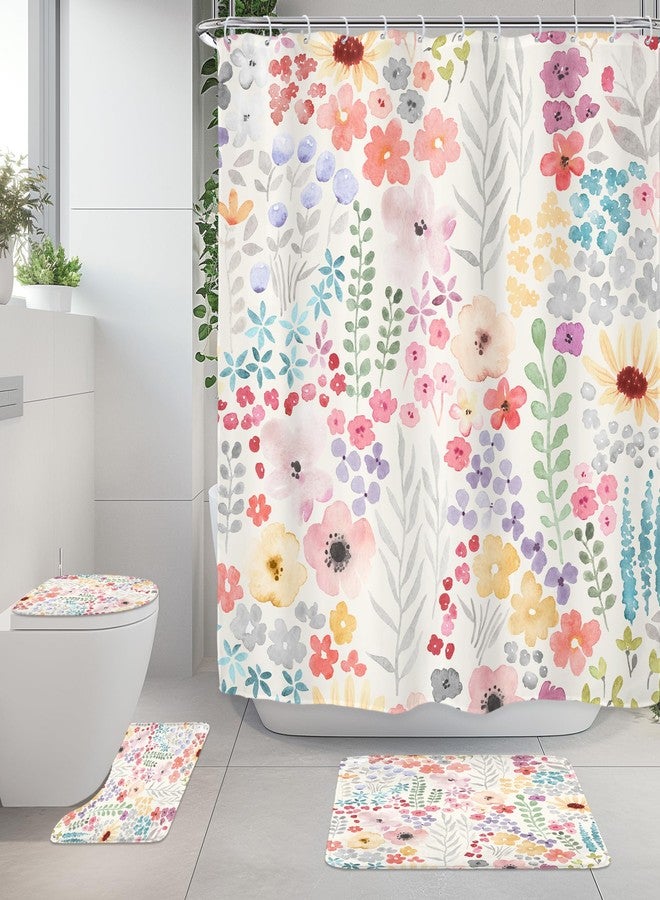 Riyidecor Colorful Floral 4Pcs Bathroom Shower Curtain Sets Cute Flower Plants Botanical Bathroom Decor Set with Rugs and Accessories Green Leaves Toilet Lid Rug, Contour and Bath Mat with 12 Hooks - Image 1
