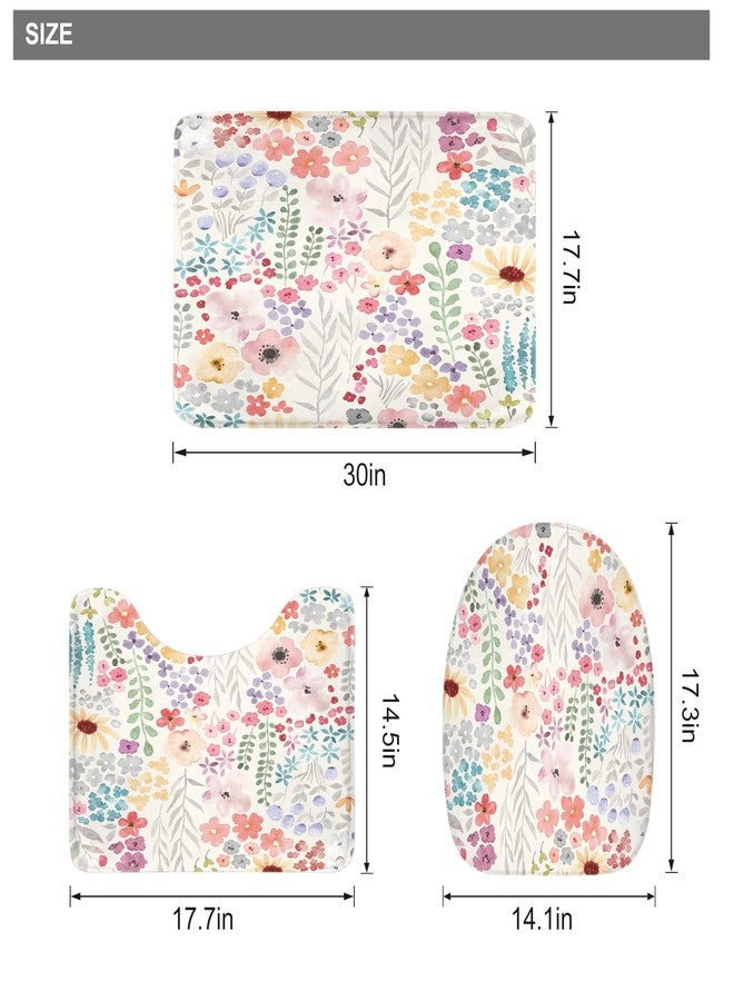 Riyidecor Colorful Floral 4Pcs Bathroom Shower Curtain Sets Cute Flower Plants Botanical Bathroom Decor Set with Rugs and Accessories Green Leaves Toilet Lid Rug, Contour and Bath Mat with 12 Hooks - Image 4