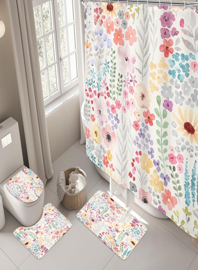 Riyidecor Colorful Floral 4Pcs Bathroom Shower Curtain Sets Cute Flower Plants Botanical Bathroom Decor Set with Rugs and Accessories Green Leaves Toilet Lid Rug, Contour and Bath Mat with 12 Hooks - Image 3