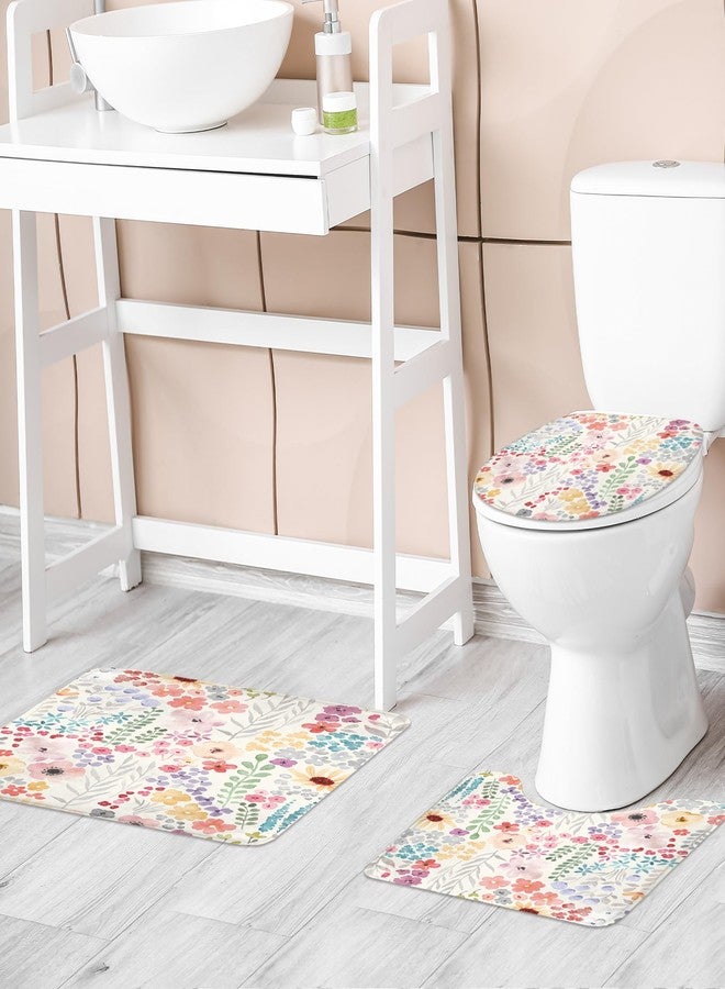 Riyidecor Colorful Floral 4Pcs Bathroom Shower Curtain Sets Cute Flower Plants Botanical Bathroom Decor Set with Rugs and Accessories Green Leaves Toilet Lid Rug, Contour and Bath Mat with 12 Hooks - Image 2