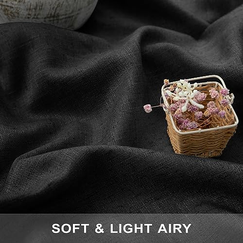 Pitalk Black Linen Curtains 84 Inch Length for Living Room 2 Panel Back Tab Pocket Muslin Light Filtering Semi Privacy Thick Sheer Floor Length Curtain for Mens Bedroom Man Cave Modern Farmhouse Gothic Decor - Image 2