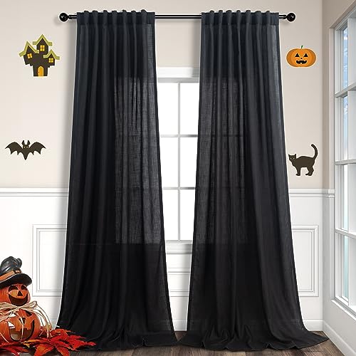 Pitalk Black Linen Curtains 84 Inch Length for Living Room 2 Panel Back Tab Pocket Muslin Light Filtering Semi Privacy Thick Sheer Floor Length Curtain for Mens Bedroom Man Cave Modern Farmhouse Gothic Decor - Image 1