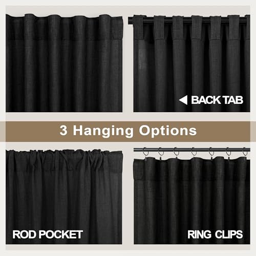 Pitalk Black Linen Curtains 84 Inch Length for Living Room 2 Panel Back Tab Pocket Muslin Light Filtering Semi Privacy Thick Sheer Floor Length Curtain for Mens Bedroom Man Cave Modern Farmhouse Gothic Decor - Image 4