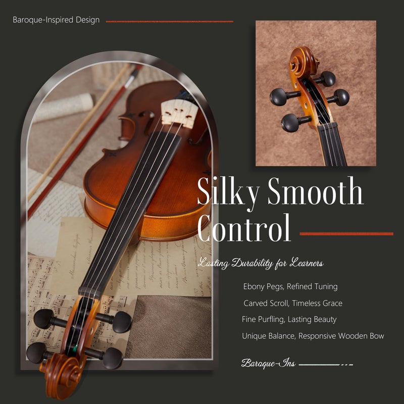AKLOT Handcrafted Full Size Violin: Solid Wood Matte Fiddle, Acoustic Beginner 4/4 Violin Kit with Hard Case, Lesson Book, Bow, Shoulder Rest, Extra Strings, Tuner, Fretboard Stickers (VRT-AmiMS) - Image 3