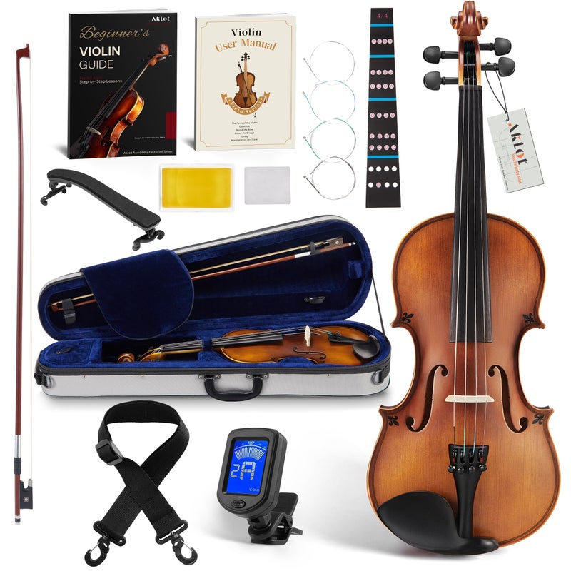 AKLOT Handcrafted Full Size Violin: Solid Wood Matte Fiddle, Acoustic Beginner 4/4 Violin Kit with Hard Case, Lesson Book, Bow, Shoulder Rest, Extra Strings, Tuner, Fretboard Stickers (VRT-AmiMS) - Image 1