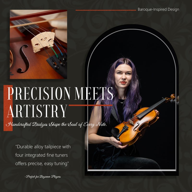 AKLOT Handcrafted Full Size Violin: Solid Wood Matte Fiddle, Acoustic Beginner 4/4 Violin Kit with Hard Case, Lesson Book, Bow, Shoulder Rest, Extra Strings, Tuner, Fretboard Stickers (VRT-AmiMS) - Image 4