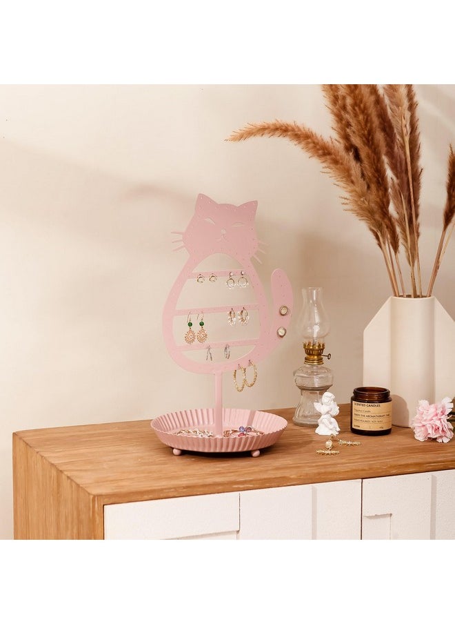 NIKKY HOME - NIKKY HOME Cat Earring Holder Hanging Organizer Stand Metal Jewelry Tree Table Top Ear Stud Holder Tower Rack with Ring Tray for Girls (96 Holes), Pink - Image 1