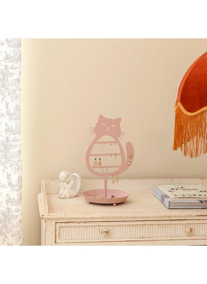 NIKKY HOME - NIKKY HOME Cat Earring Holder Hanging Organizer Stand Metal Jewelry Tree Table Top Ear Stud Holder Tower Rack with Ring Tray for Girls (96 Holes), Pink - Image 1