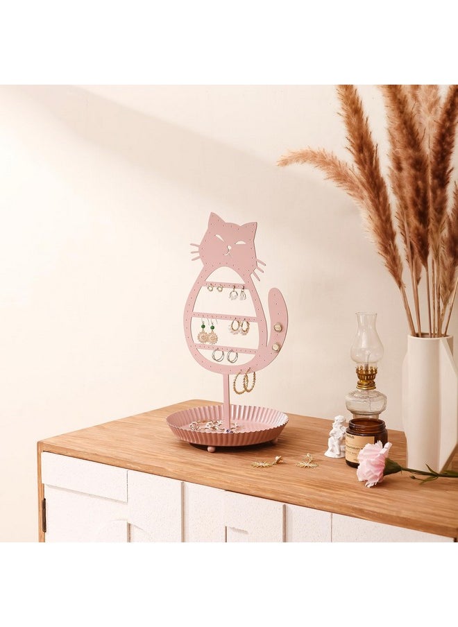 NIKKY HOME - NIKKY HOME Cat Earring Holder Hanging Organizer Stand Metal Jewelry Tree Table Top Ear Stud Holder Tower Rack with Ring Tray for Girls (96 Holes), Pink - Image 1