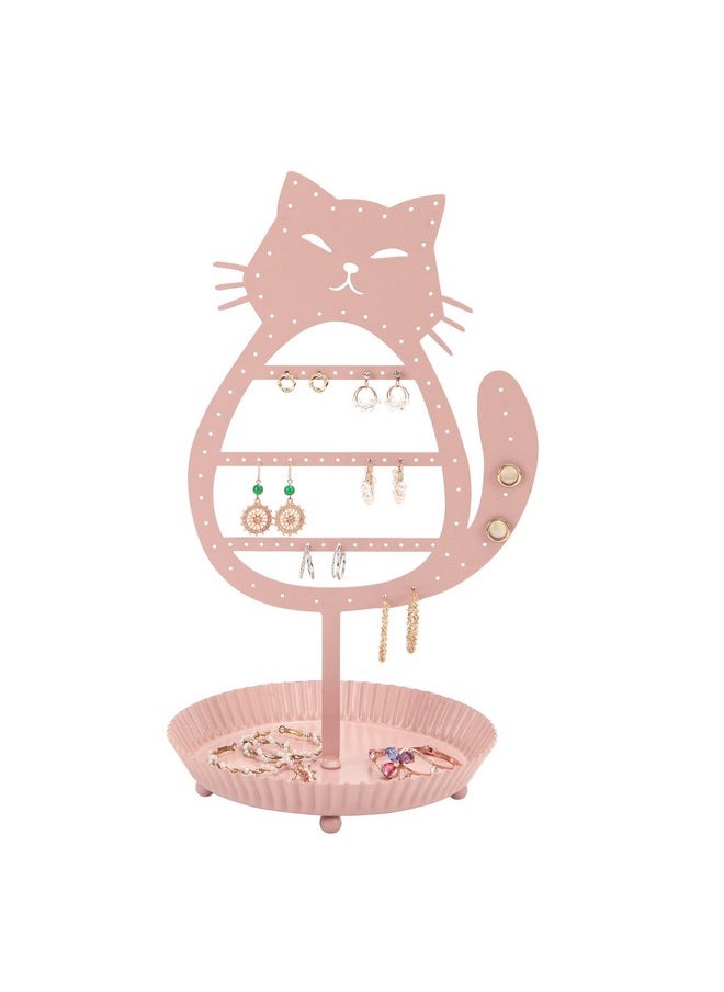 NIKKY HOME - NIKKY HOME Cat Earring Holder Hanging Organizer Stand Metal Jewelry Tree Table Top Ear Stud Holder Tower Rack with Ring Tray for Girls (96 Holes), Pink - Image 1
