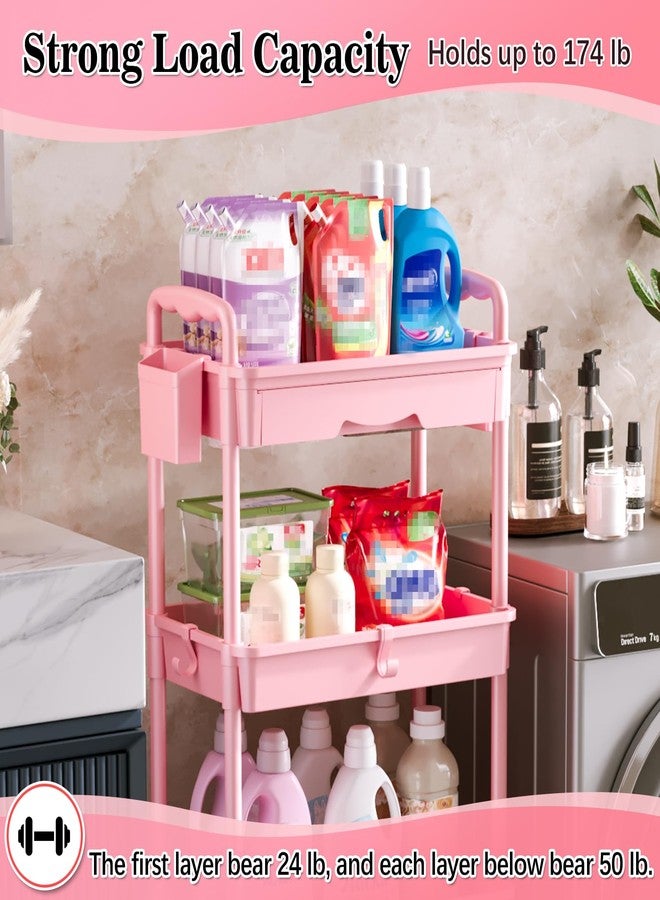 SUNALLY 4 Tier Rolling Utility Cart with Drawer, Storage Organizer Cart with 2 Lockable Wheels, Multifunctional Rolling Storage Cart for Bathroom, Kitchen, Craft, Makeup, Baby Essentials, Pink - Image 5