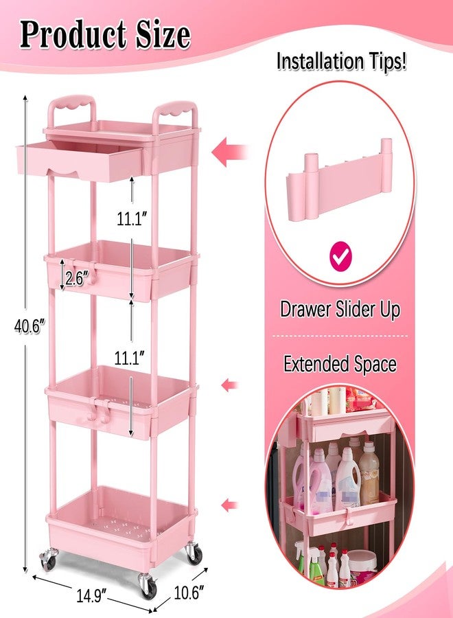 SUNALLY 4 Tier Rolling Utility Cart with Drawer, Storage Organizer Cart with 2 Lockable Wheels, Multifunctional Rolling Storage Cart for Bathroom, Kitchen, Craft, Makeup, Baby Essentials, Pink - Image 2