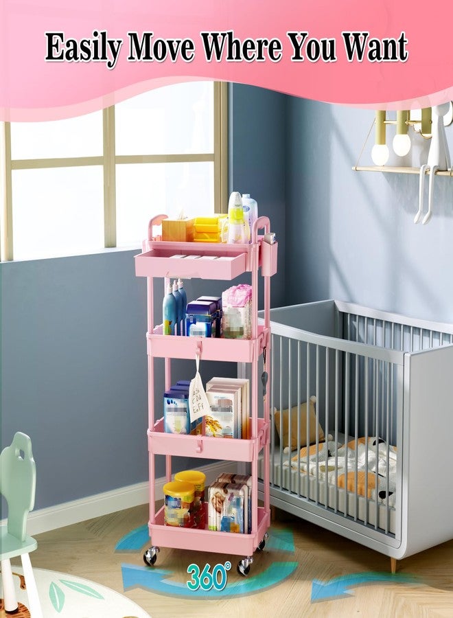 SUNALLY 4 Tier Rolling Utility Cart with Drawer, Storage Organizer Cart with 2 Lockable Wheels, Multifunctional Rolling Storage Cart for Bathroom, Kitchen, Craft, Makeup, Baby Essentials, Pink - Image 4