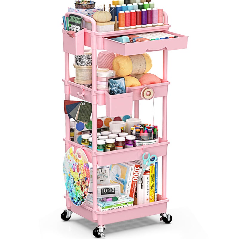 SUNALLY 4 Tier Rolling Utility Cart with Drawer, Storage Organizer Cart with 2 Lockable Wheels, Multifunctional Rolling Storage Cart for Bathroom, Kitchen, Craft, Makeup, Baby Essentials, Pink - Image 1