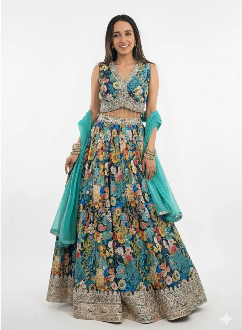 Lehar Teal Floral Printed Lehenga Set with Sequin Embellished Blouse and Dupatta