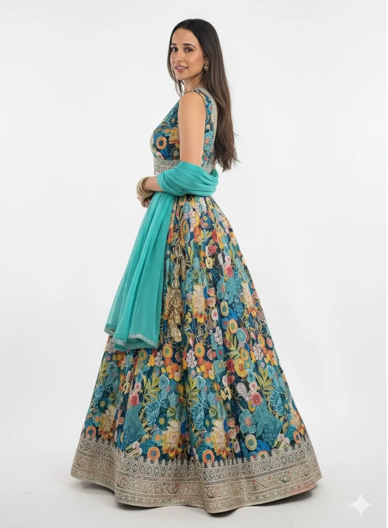 Lehar Teal Floral Printed Lehenga Set with Sequin Embellished Blouse and Dupatta