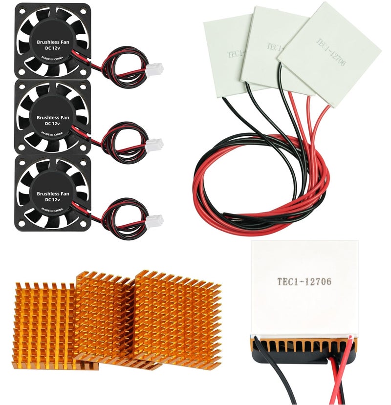 MTDELE 3 Sets TEC1-12706 Peltier Cooler Module kit 6A 12V Cooling Panel + Aluminum Heat Sinks + 12V Cooling Fan - Image 1