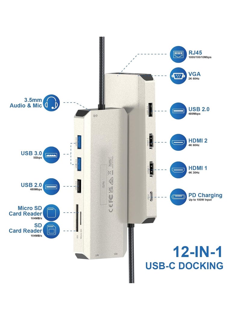 Wavelink USB C Hub Charging Dock 12 in 1 Triple Display Dual Display with 2 HDMI VGA 100W PD Ethernet 5 Audio SD/TF Card Reader for Mac/Dell/Acer/HP/Asus/Steam Deck/ROG Ali/Lenovo Laptop