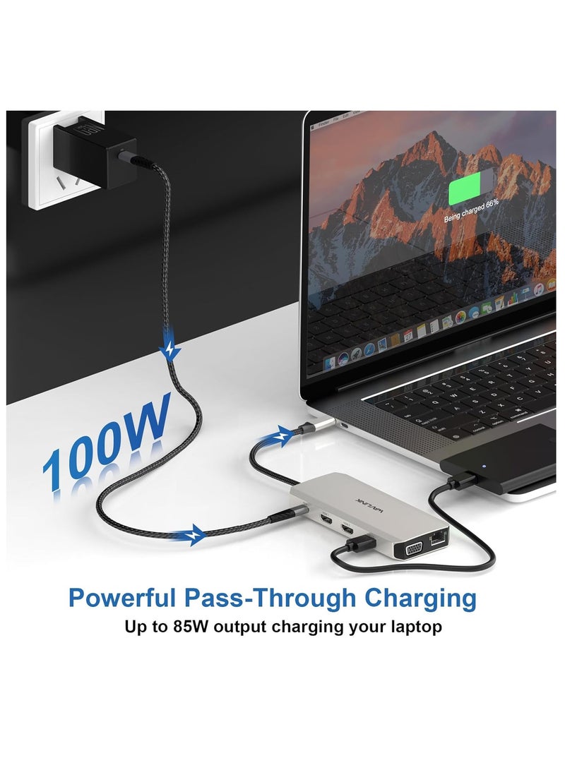 Wavelink USB C Hub Charging Dock 12 in 1 Triple Display Dual Display with 2 HDMI VGA 100W PD Ethernet 5 Audio SD/TF Card Reader for Mac/Dell/Acer/HP/Asus/Steam Deck/ROG Ali/Lenovo Laptop