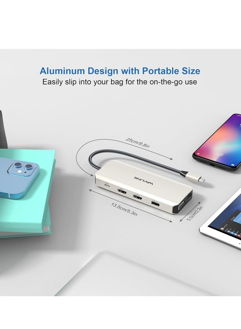 Wavelink USB C Hub Charging Dock 12 in 1 Triple Display Dual Display with 2 HDMI VGA 100W PD Ethernet 5 Audio SD/TF Card Reader for Mac/Dell/Acer/HP/Asus/Steam Deck/ROG Ali/Lenovo Laptop