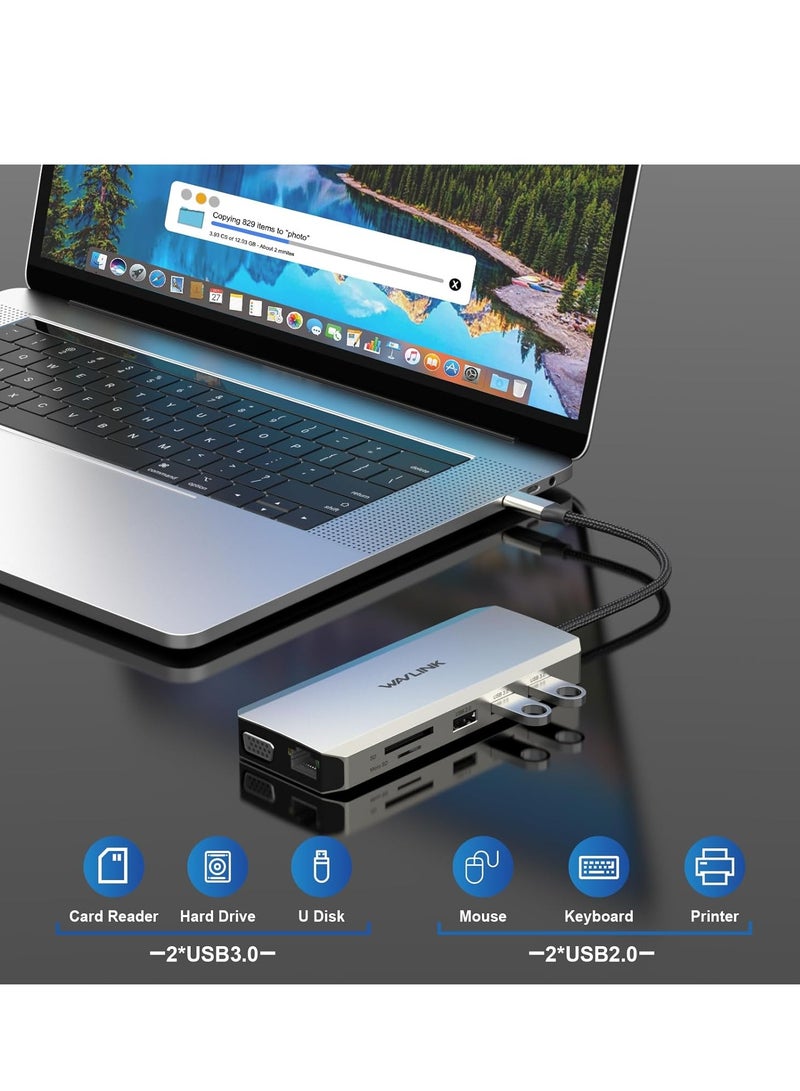 Wavelink USB C Hub Charging Dock 12 in 1 Triple Display Dual Display with 2 HDMI VGA 100W PD Ethernet 5 Audio SD/TF Card Reader for Mac/Dell/Acer/HP/Asus/Steam Deck/ROG Ali/Lenovo Laptop