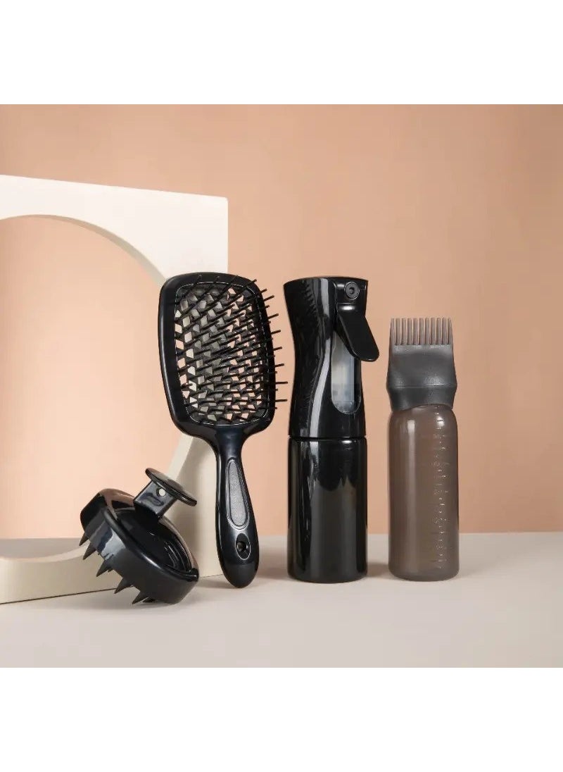 Gaman - 4 Piece Hair Care Set, Silicone Massage Brush, Oil Application Bottle, Comb, Spray Bottle - Image 1
