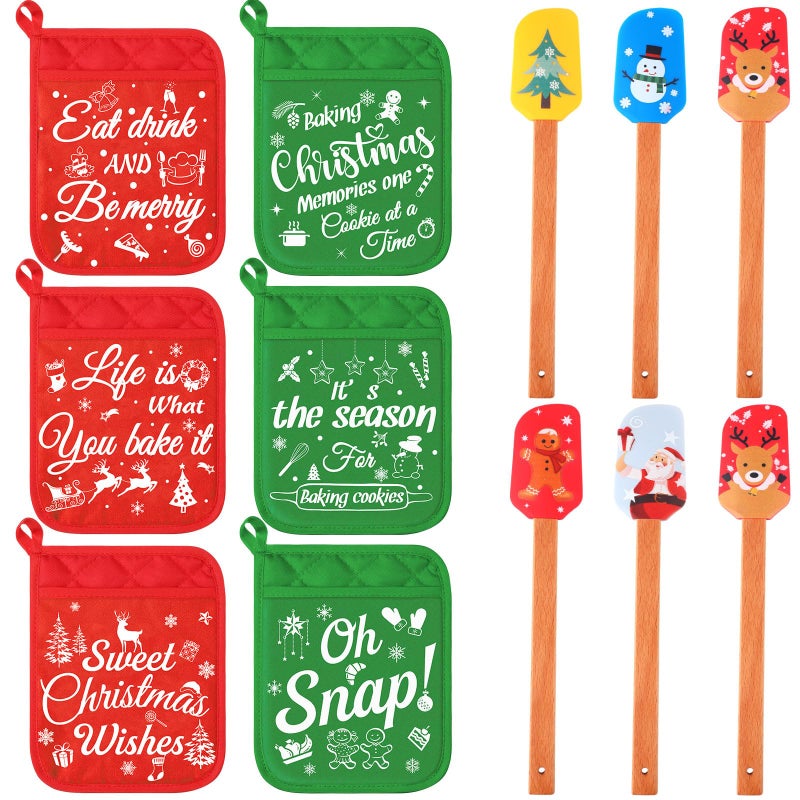 مجموعة ياومياو من 12 قطعة من حوامل الأواني لعيد الميلاد مع مجموعة ملعقة سيليكون و مقابض خشبية