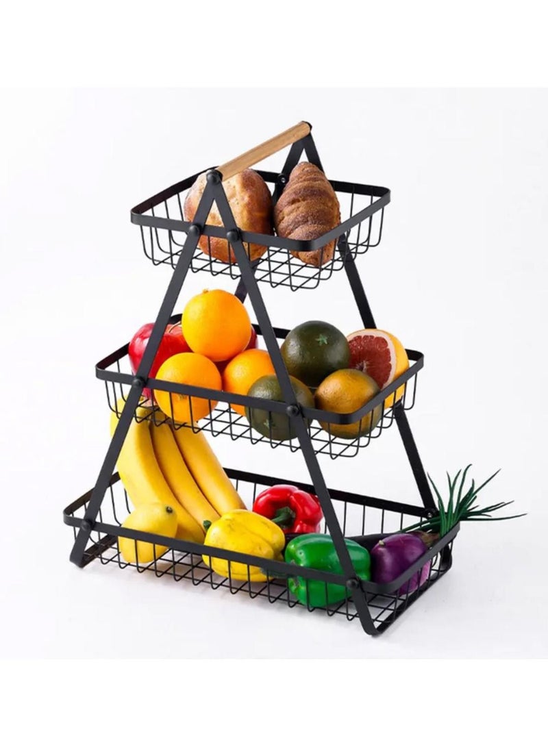 سلة فواكه معدنية من 3 طبقات بمقبض خشبي، رف فواكه وخضروات عالي السعة على سطح الطاولة - Image 1