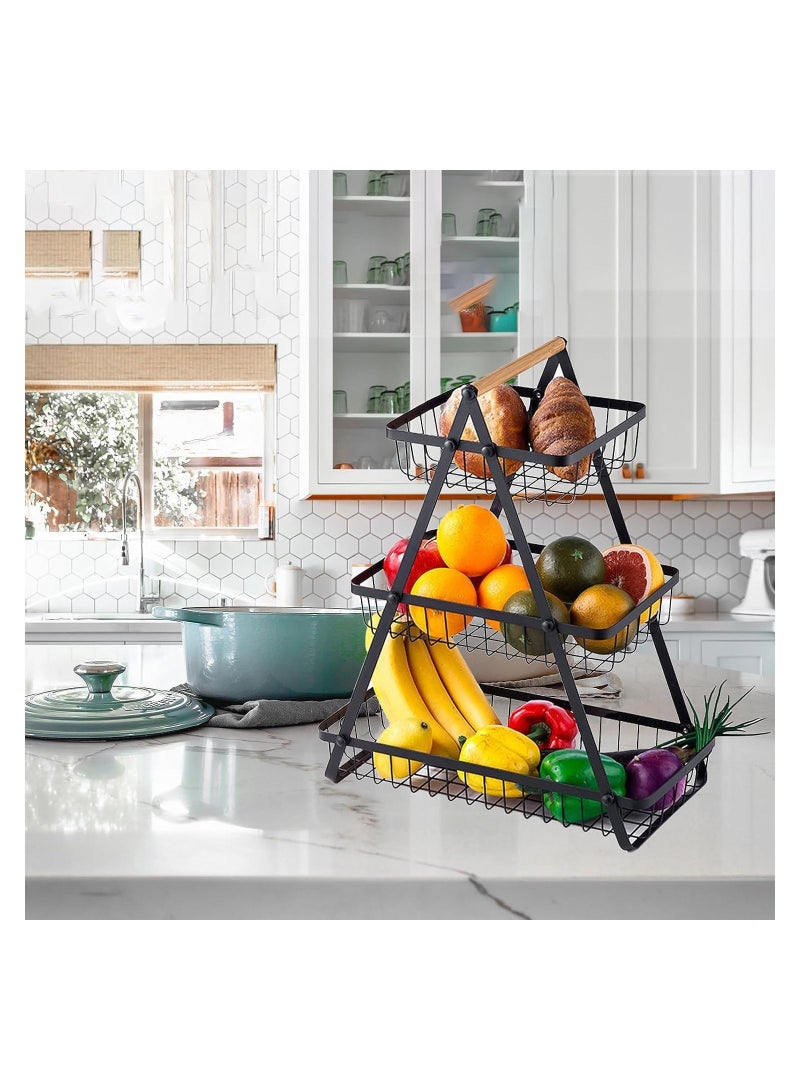 سلة فواكه معدنية من 3 طبقات بمقبض خشبي، رف فواكه وخضروات عالي السعة على سطح الطاولة - Image 5