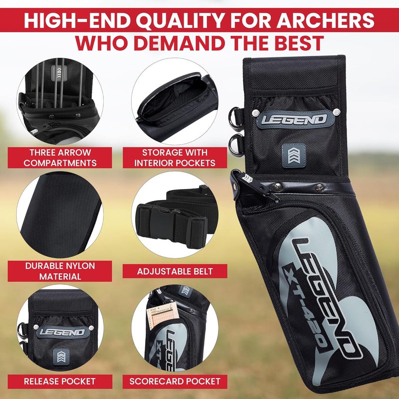Legend XT420 Field Quiver - Left or Right-Handed Quiver Arrow Holder, Archery Quiver with 3 Arrow Tube, Durable Nylon Hip Quivers with Multiple Pockets for Archery Accessories, Score Card & Tools - Image 4