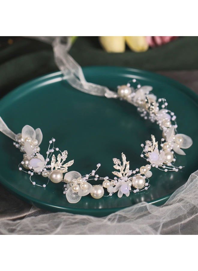 KAYZON Girl's Fashion Flower Headpiece - White Pearl Headband, Princess Bridal Wedding Hair Accessory (Silver) - Image 1