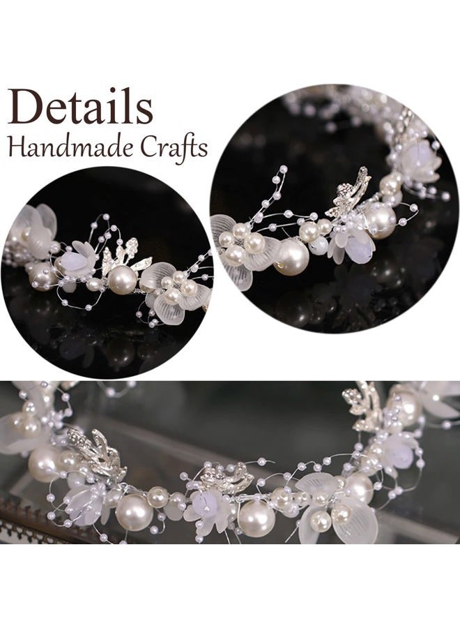 KAYZON Girl's Fashion Flower Headpiece - White Pearl Headband, Princess Bridal Wedding Hair Accessory (Silver) - Image 2