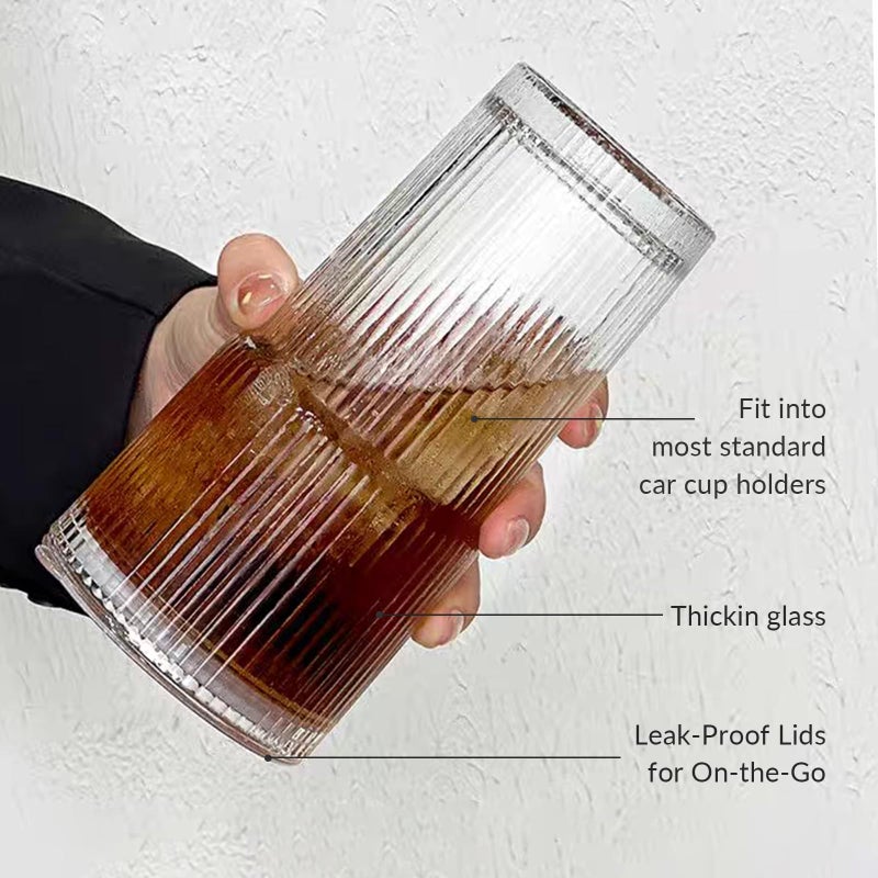 Puraville 20oz Glass Cup with Lid and Straw, Vintage Ribbed Glassware for Whiskey Cocktail Beer, Mason Jar Drinking Glasses Tumbler Iced Coffee Cup - Image 3